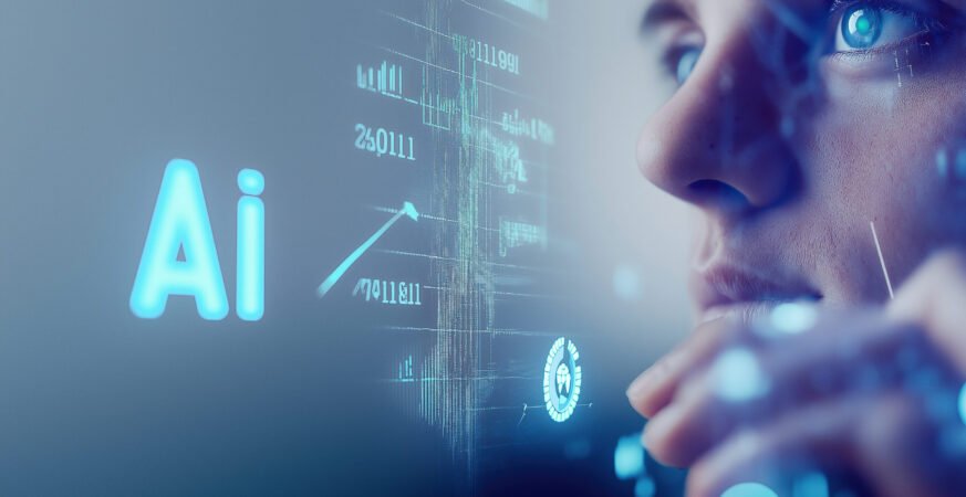 Close-up of a person's face analyzing digital data with AI interface and glowing blue graphics