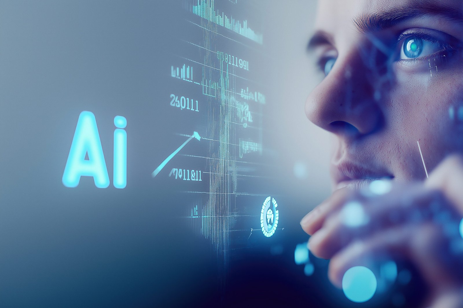 Close-up of a person's face analyzing digital data with AI interface and glowing blue graphics